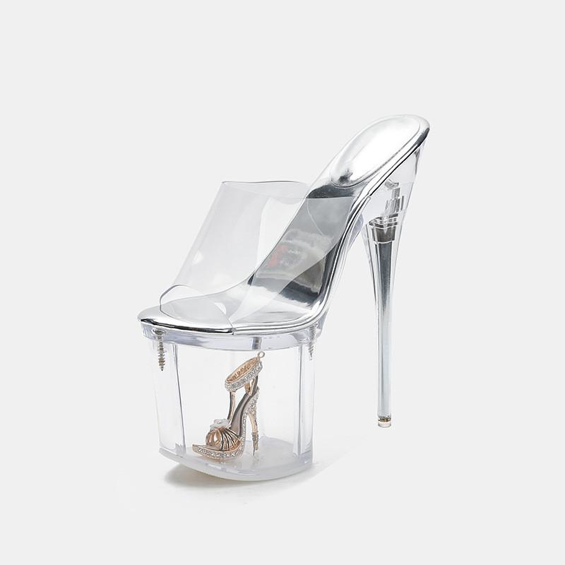 Fashion 19cm Ultra High heels Transparent PVC Women Slippers Sandals Fashion Summer Clear Crystal Platform Wedges Mule Pole Dance Shoes