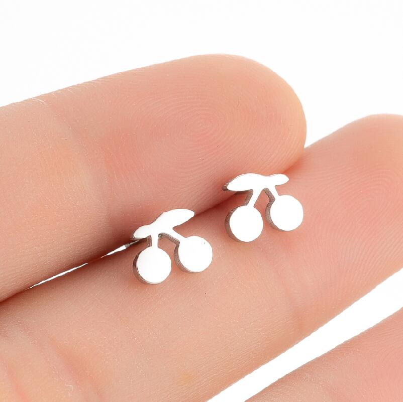 SMJEL Summer Cherry Earrings Ladies Stainless Steel Fruit Stud Earrings Small Watermelon Apple Pineapple Unique Zircon Gift