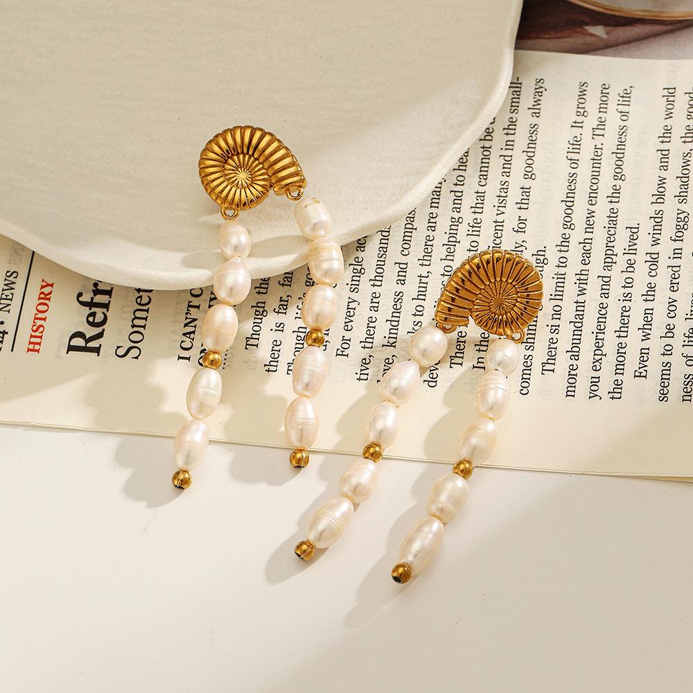 18k Gold-Plated Bohemian Pearl Tassel Earrings - Colorfast Stainless Steel, Retro French Design for Women