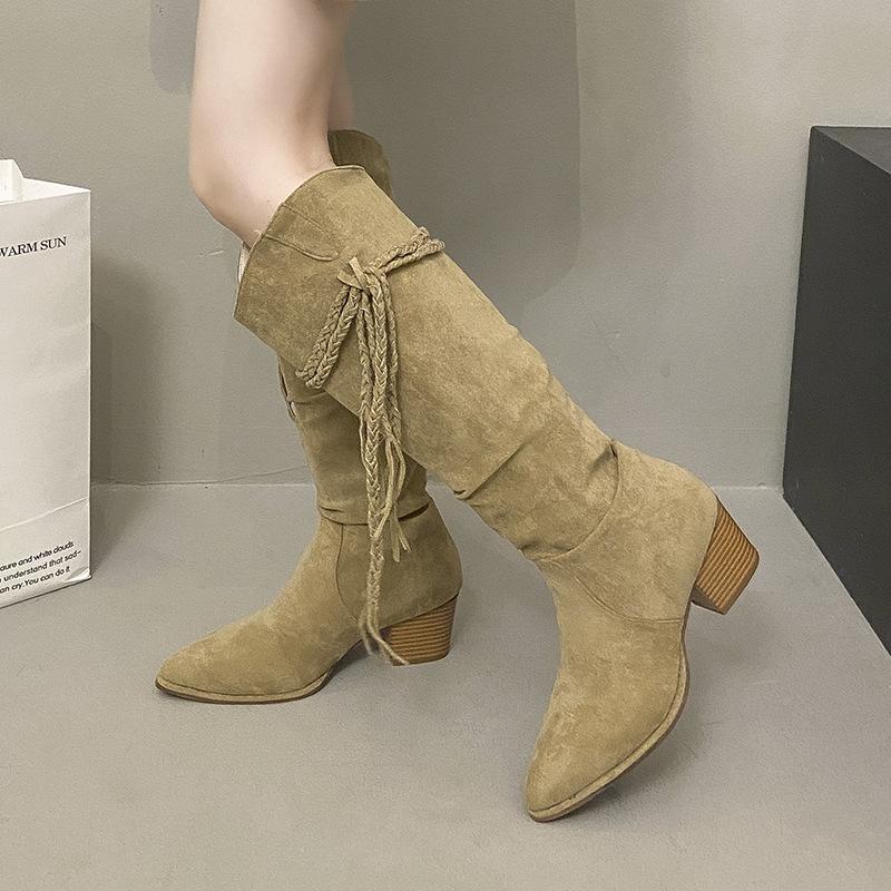 2025 autumn retro fringed knight boots thick heel but knee boots slim pile pointed boots women