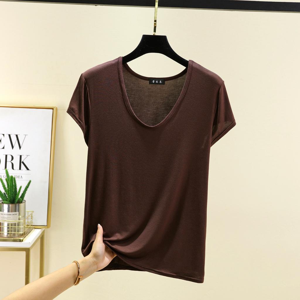 Plus Size M To 6XL U-Neck Women's Tshirt Short Sleeves Modal T-shirts Thin Bottomed Tees Solid Color Loose Tee Tops All Match
