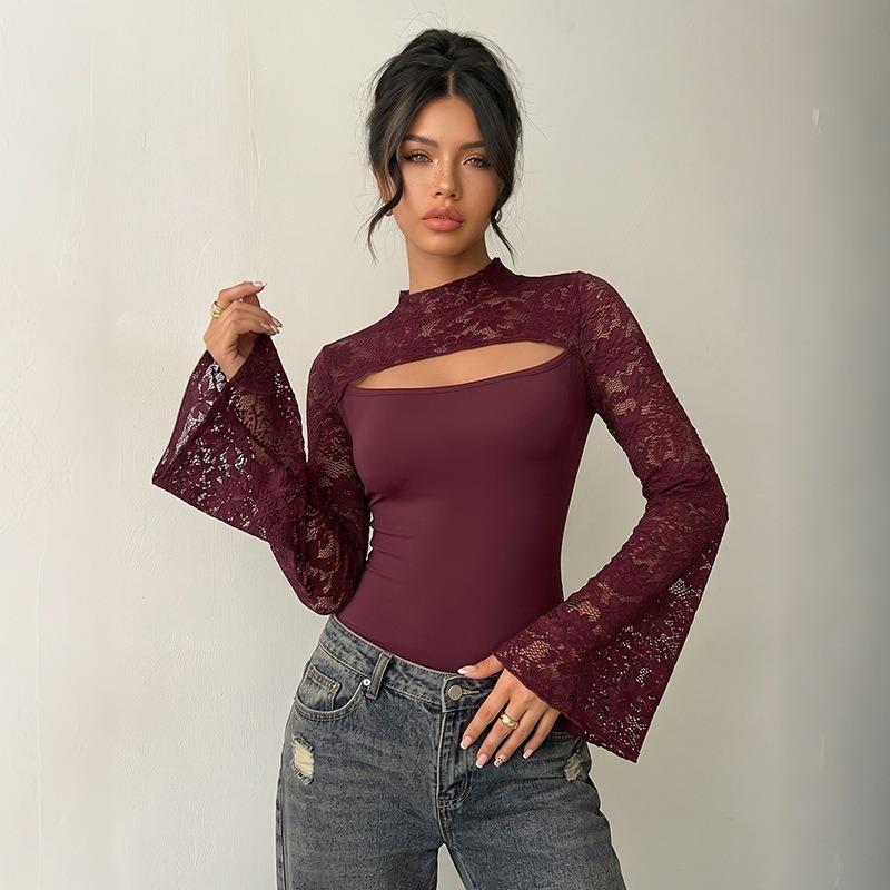 Women S Lace Patchwork Slim Fit Flared Sleeve Jumpsuit