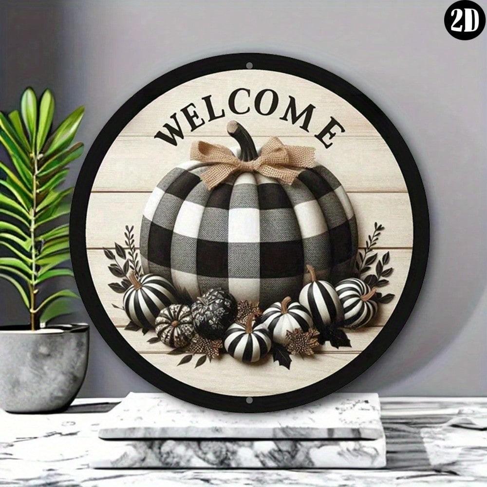 Metal Welcome Sign Buffalo Plaid Pumpkin Vintage Wall Art Halloween Christmas Decor 20x20