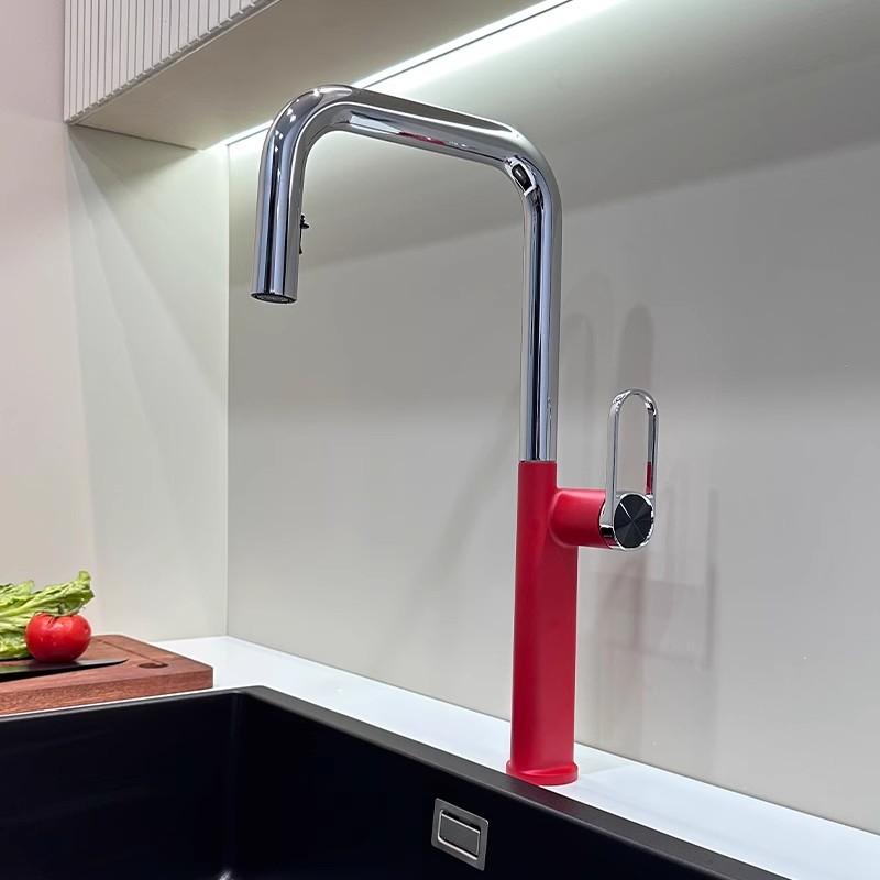 Red Chrome Pull Out Kitchen Faucet Water Tap Brass Crane Deck Mounted Sink Faucet Mixer 3 Way Kitchen Faucet