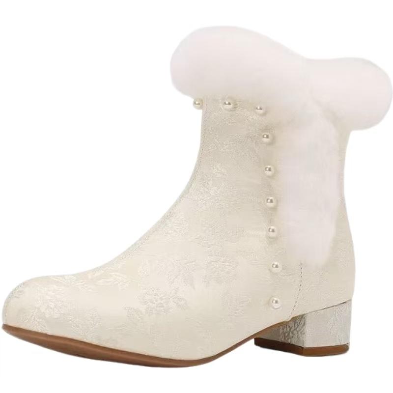 Women's Winter Block Heel Ankle Hanfu Boots Ethnic Style Round Toe Silk Plush Warm Zippers Cheongsam Boots Horse-Face Skirt Boot