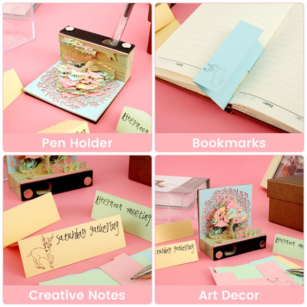 Creative Forest 3D Memo Pad with Pen Holder Acrylic Cover Tear-Away DIY Note Pad Paper Carving Art for Desktop Decoration Gift