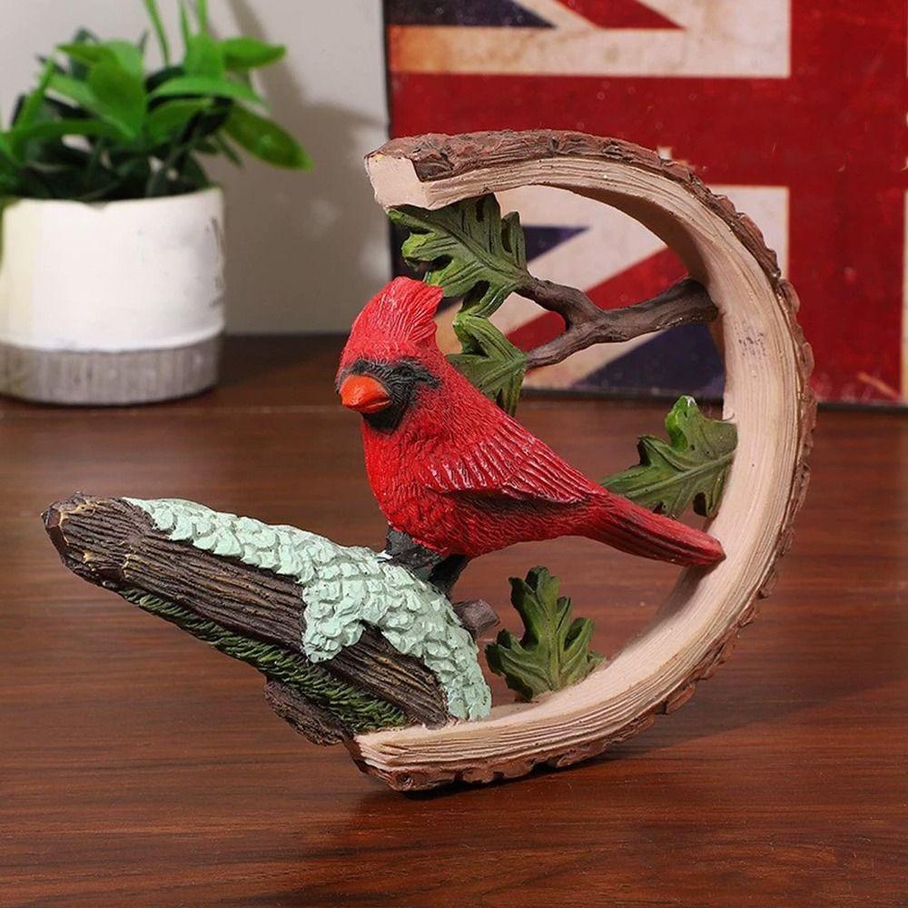Creative Resin Linnet Figurines Handmade Semicircle Vibrant Red Bird Durable Engraving Red Bird Statue for Home