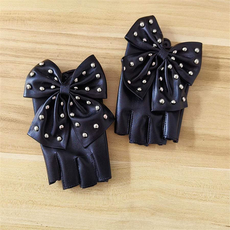 Guanti Senza Dita Borchiati con Fiocco per Festa Cosplay
