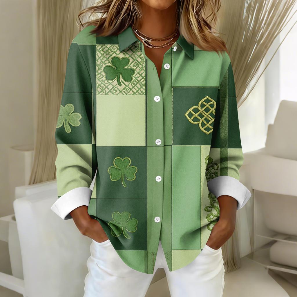 Dámská košilová halenka s vánočním potiskem s dlouhým rukávem pro volný čas Základní košile s límečkem Regular Top