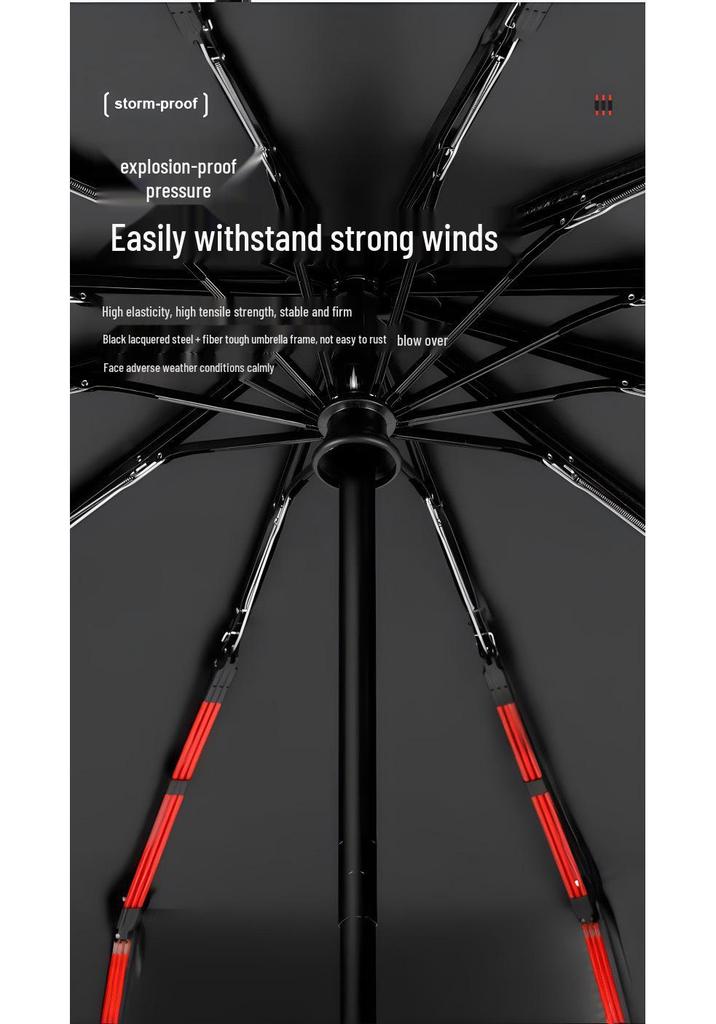 Fully Automatic Windproof Three-Fold Umbrella with Reinforced Structure and Black Sun Protection Coating, Customizable Logo Available.