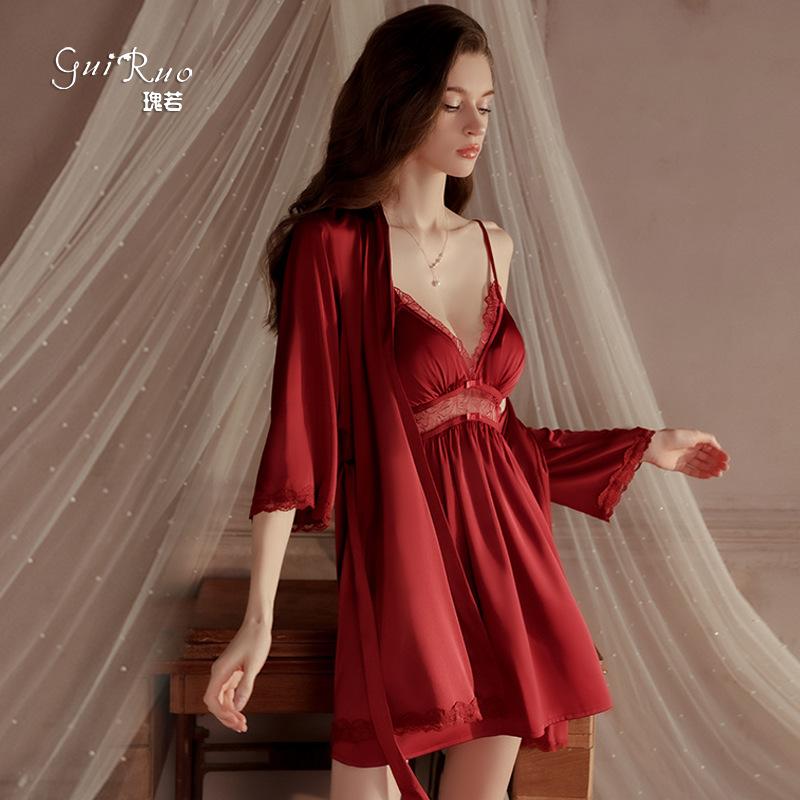Women's Satin Mesh Comfy Padded Cami Sleep Dress with Robe Lounge Set
