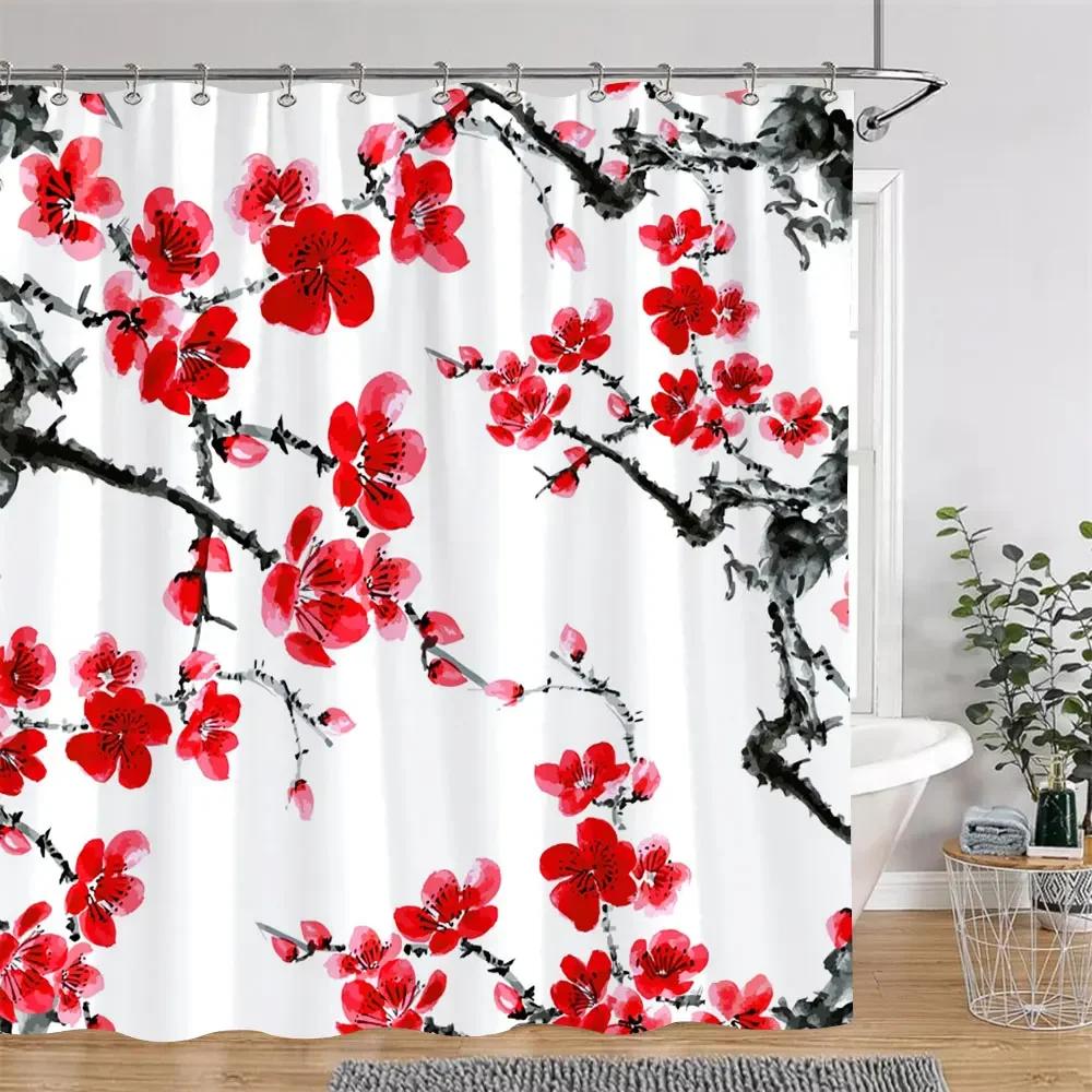 Chinese Japanese Cherry Blossom Ink Painting Shower Curtain Landscape Waves Art Creative Polyester Bath Curtains Bathroom Decor