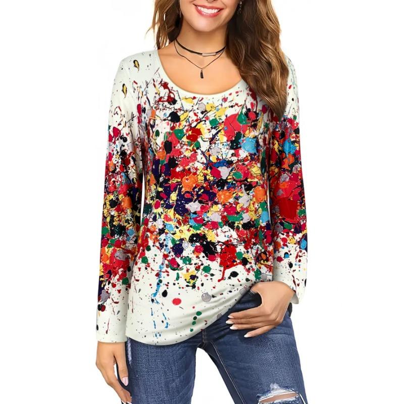 Women's Splatter Print Long - Sleeve T - Shirt, Round Neck, Multicolor Design, Great for Everyday & Fashion - forward Looks