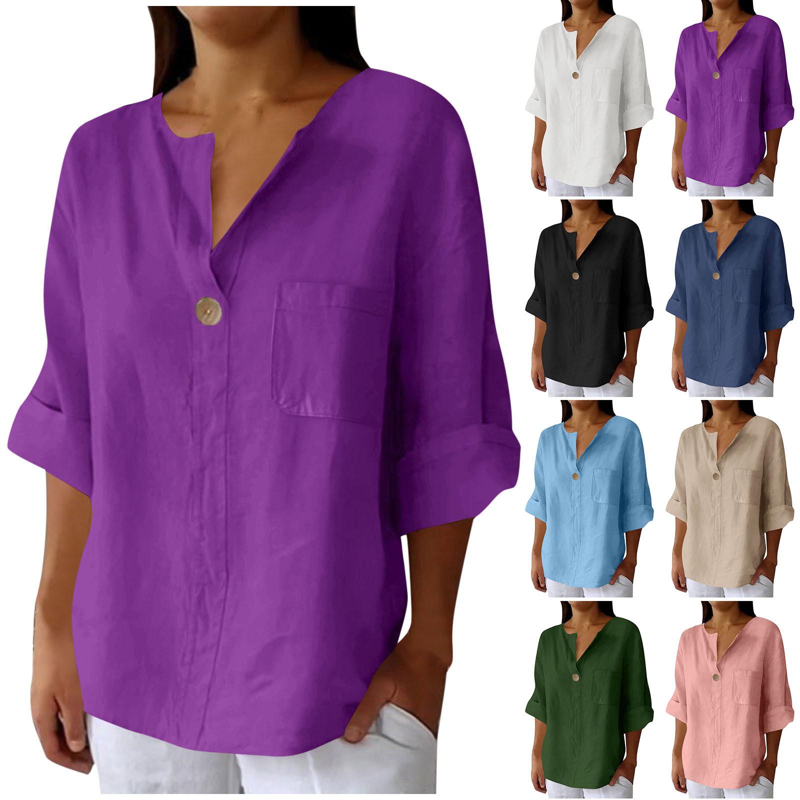 

Women s V-Neck Button-Up Shirt with Chest Pocket, 3/4 Sleeve Casual Blouse, 8 Color Options S білий