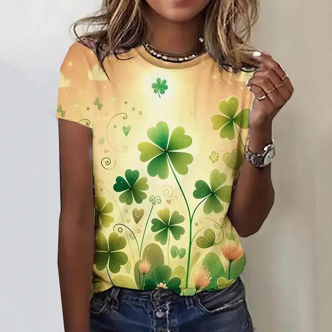 Summer Round Neck 3D Clover Pattern Printed Top Fashionable Casual Short Sleeved Women's T-shirts