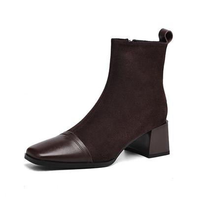 Genuine Leather Nubuck Winter Thick Med Heels Western Boots Women Zipper Patch Work Ankle Boots