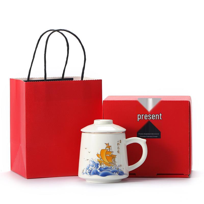Guochao Style Ceramic Teacup with Filter - Chinese Tea & Water Separation, Customizable Logo for Office Gift