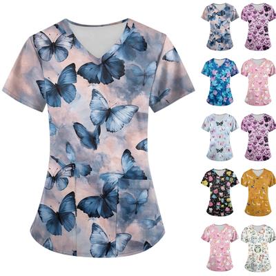 Women's Small Animal Cartoon Print Loose V-neck Pocket Short-sleeved  Uniform  Uniform