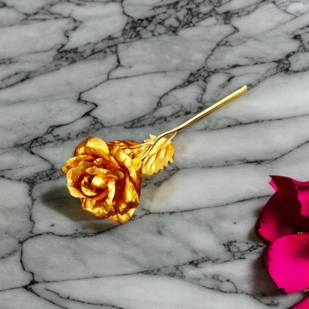 Golden Rose for Valentine Day Gift, 1 Count, 7.5 Inches, Gold, Artificial Flower, Rose, U-Shape, Indoor and Outdoor, Valentine's Day