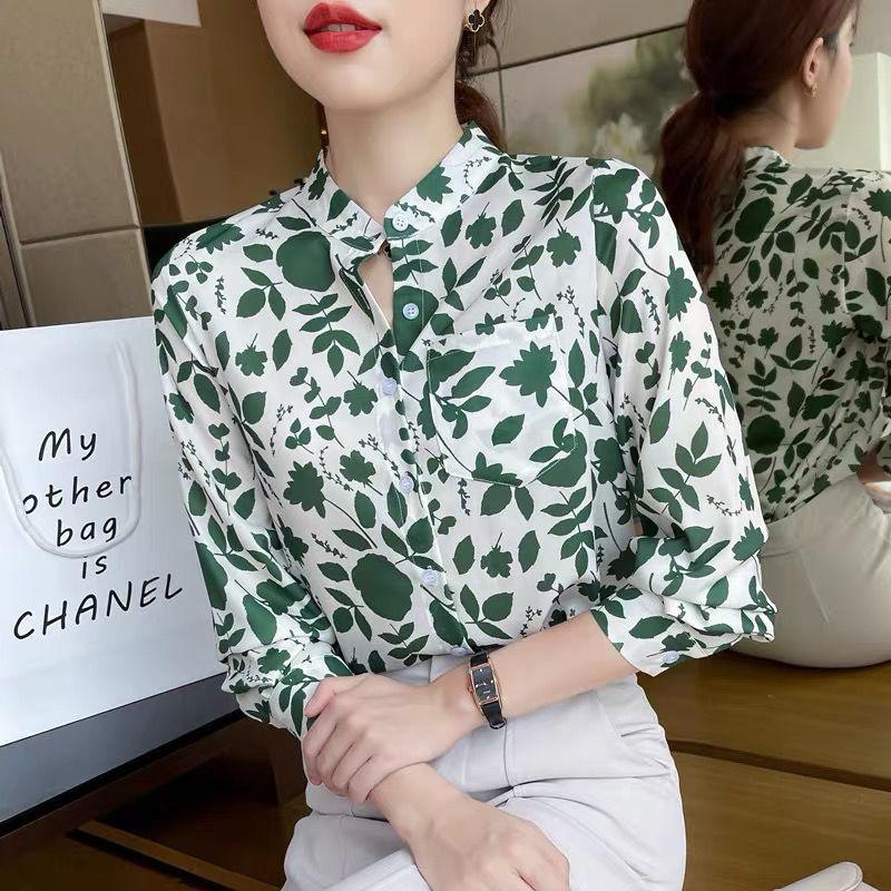 

Женская одежда, модная зеленая шикарная элегантная рубашка с принтом на пуговицах, весенне-осенняя блузка с воротником-стойкой и длинными рукавами Blusas Mujer XXL зелёный