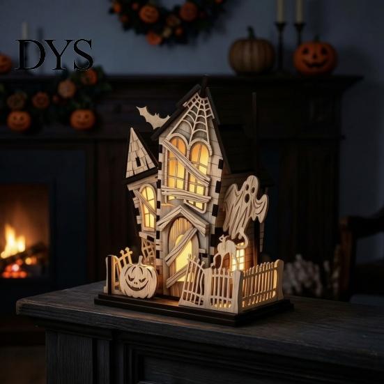 Immersive Lighted Holiday Figurine 3D Halloween Village Haunted House Figurine, Spooky Light Up Wooden Castle Ornament Festival Interior Furnishing