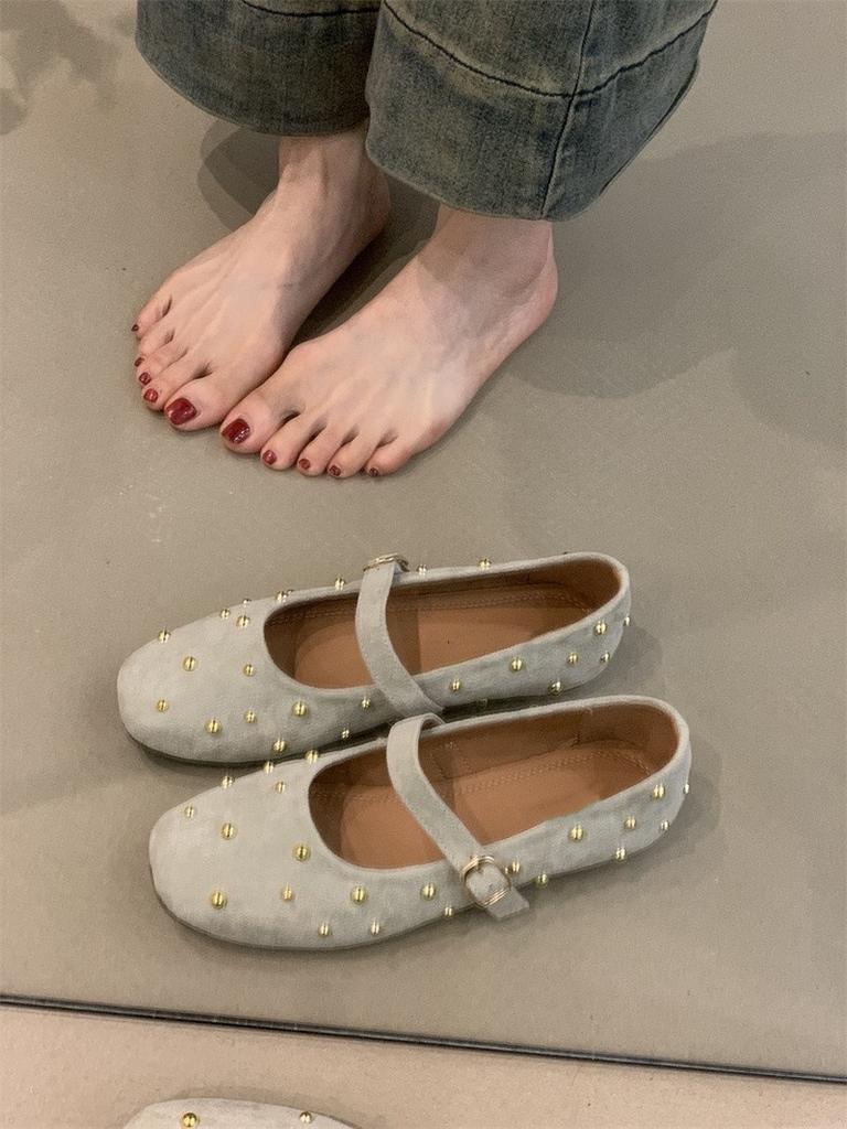 Gentle Fairy Mary Jane Shoes 2025 New Sweet Suede Rivets Square Head Shallow Mouth One-word Buckle Evening Shoes