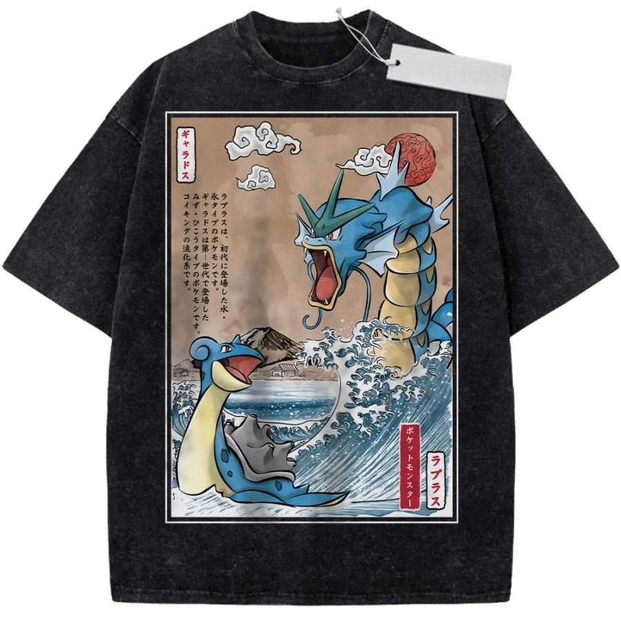 2026 Hot Sale Vintage Washed Pokemon Gengar Haunter Gastly T Shirt Japanese Ukiyo-e Anime Graphic Oversized Cotton Streetwear Unisex Tops