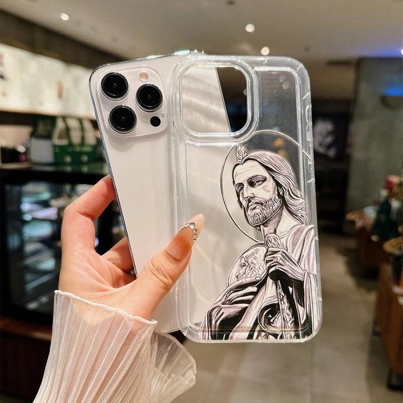 For Samsung S25 Ultra Saint Jesus Print Clear Phone Case for Galaxy S23 S22 S24 Plus FE A14 A34 A54 A15 A35 A55 Silicone Cover