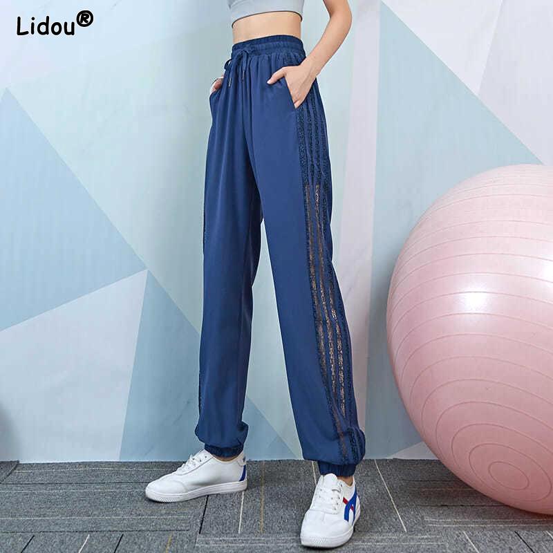 

Женская одежда Мода Однотонный Удобный Повседневный Свободный Эластичная талия Весна Лето Тонкий Лоскутный Боковая полоса Брюки XXL синий