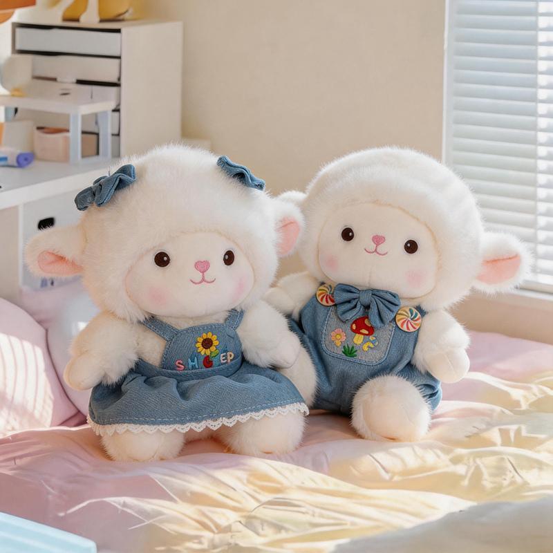 Adorable Matching Sheep Plush Couple Doll, Sunflower Skirt & Mushroom Overalls Lamb Stuffed Toy For Gifts.
