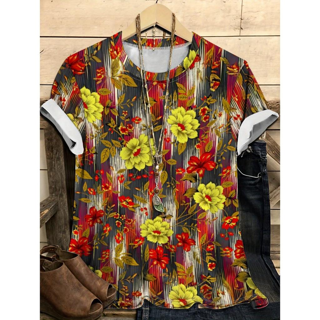 Letní dámské tričko s kulatým výstřihem, 3D potiskem květinového vzoru, módní, ležérní, barevné, s krátkým rukávem