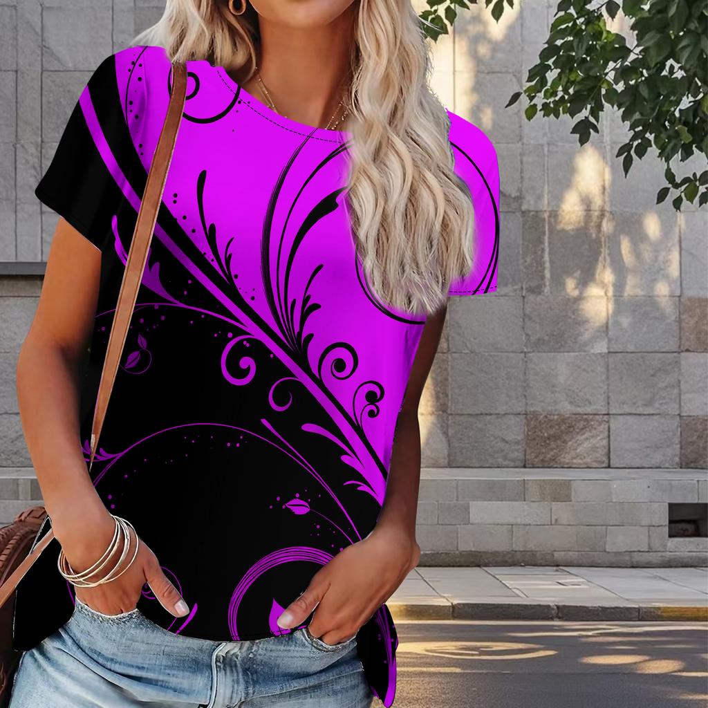Camiseta feminina de verão com estampa de folhas, retrô, moda, manga curta, casual, estampada