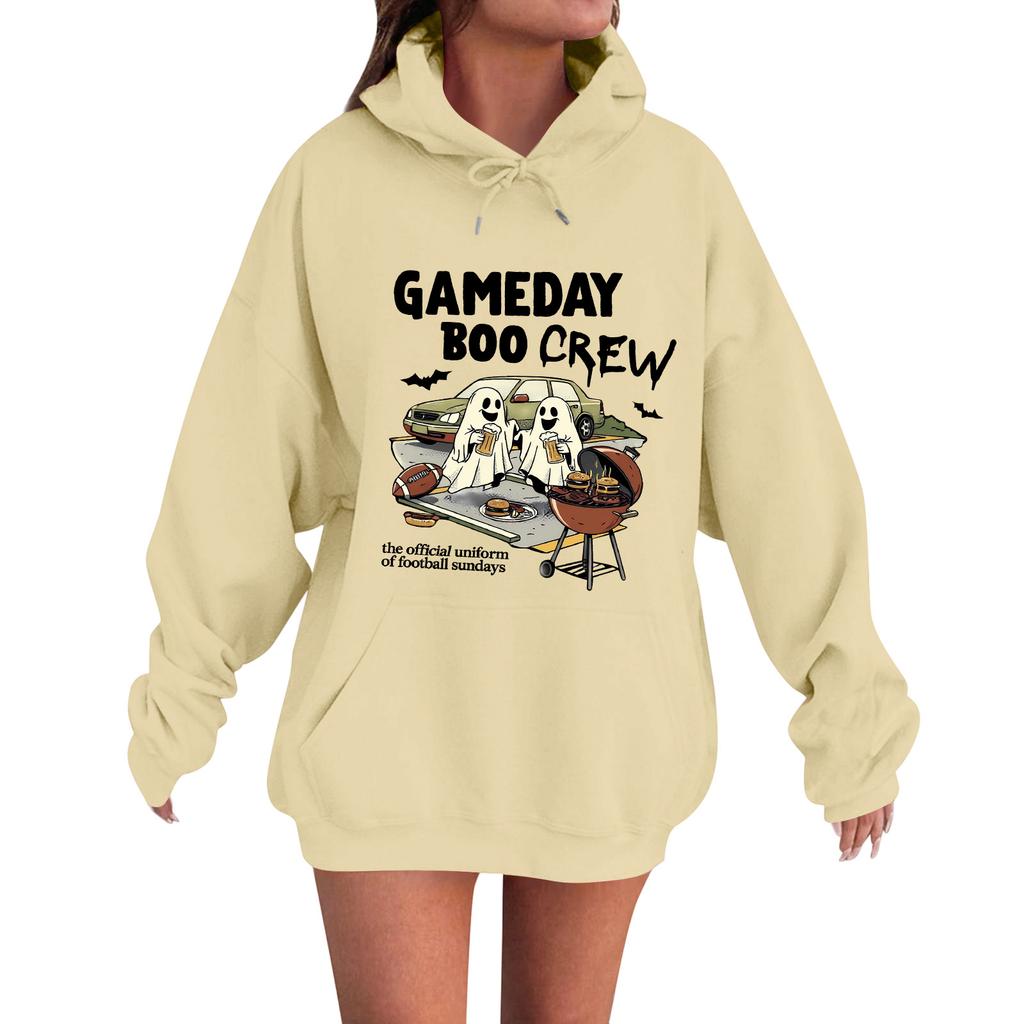 Women's Casual Fashion Comfortable Round Neck Gameday Boocrew Halloween Print Hooded Sweatshirt