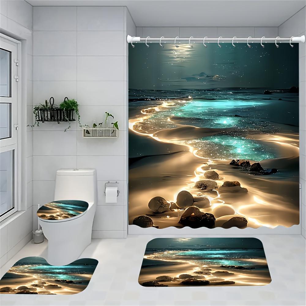 

Radiant Luminous Beach Night Glow Oasis Bathroom Set - Waterproof Shower Curtain, Toilet Lid Cover, Bath Mat, and Contour Mat
