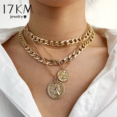 17KM Punk Gold Portrait Coin Pendant Necklace for Women Cuban Multilayered Chunky Thick Chain Choker Necklaces Gothtic Jewlery