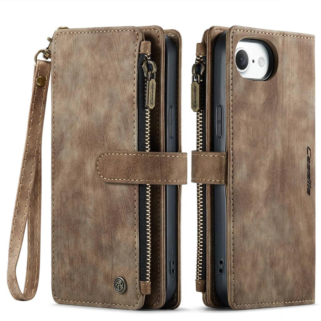 For iPhone 17e PU Leather Wallet Case Magnetic Flip Cover Zipper Card Holder Credit Card Slots Wrist Strap Kickstand Shockproof