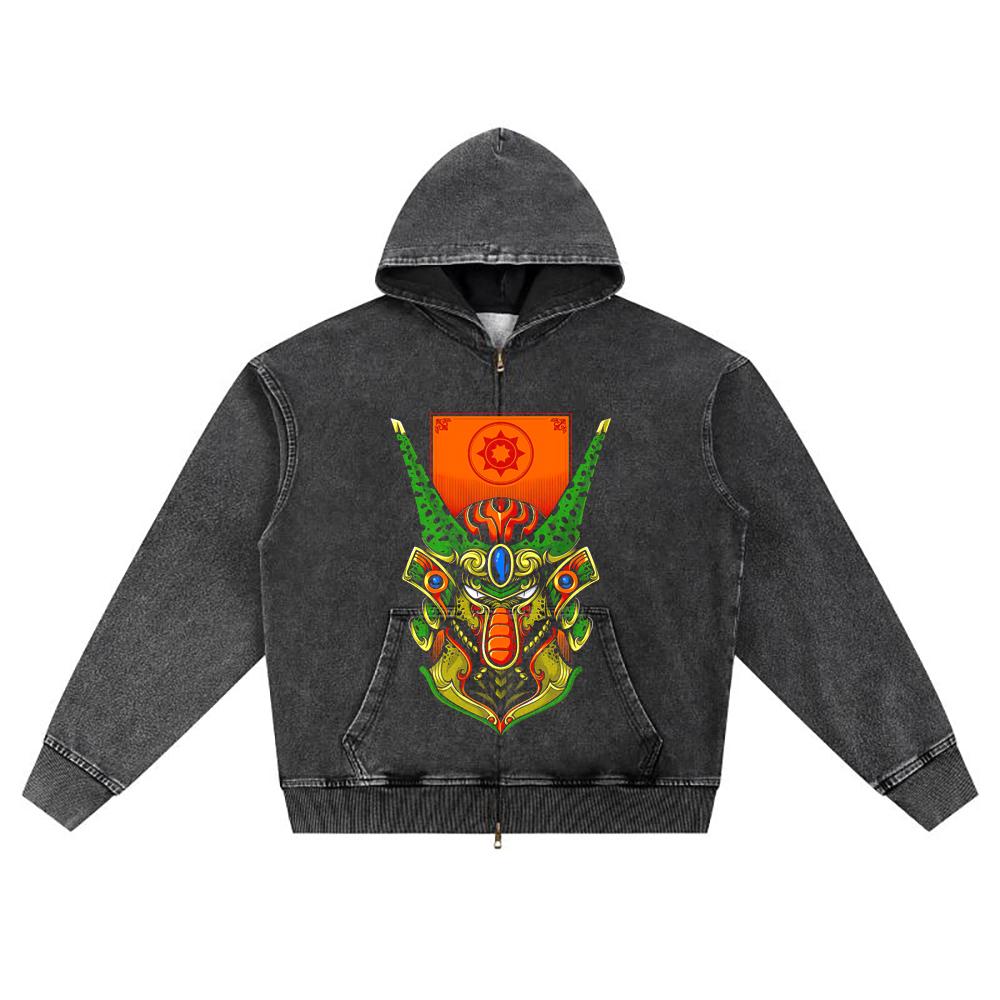 DTG Print Knitted Denim Zip-Up Hoodie Cell Samurai Brother Print Zipper Hoodies