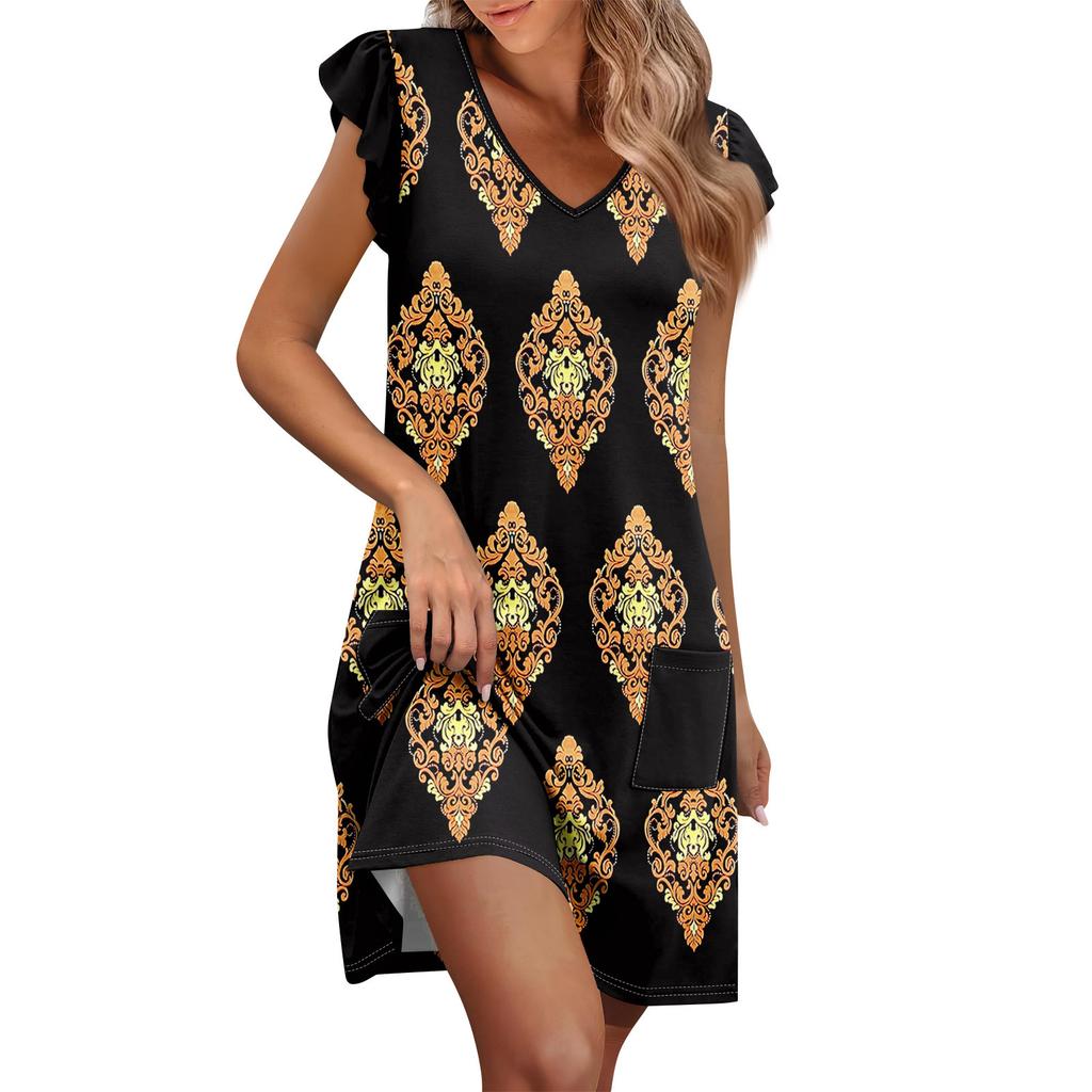 Womens Summer Dress Ruffle Sleeve V Neck Short Dresses Fashion Casual Flowy A Line Swing Sundress With Pocket