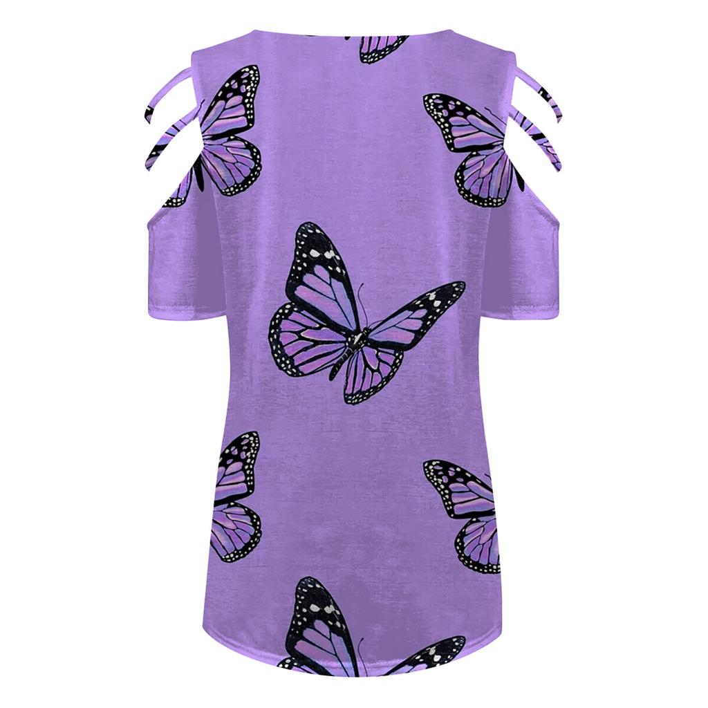 Women's Fashion Casual V-Neck Zipper Printed Off-Shoulder Short-Sleeved T-Shirt Top