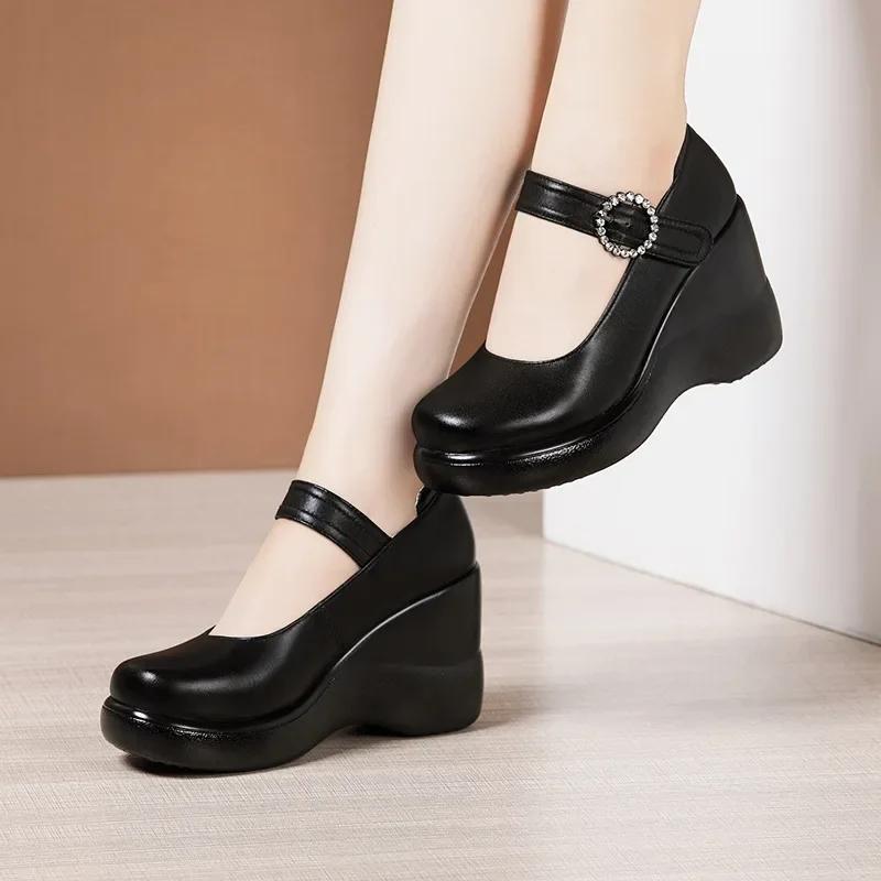 8cm Small Size 32-43 Elegant Soft Leather Mary Janes Platform Wedges Shoes 2025 Fall High Heels Pumps for Office Mom Work Dance