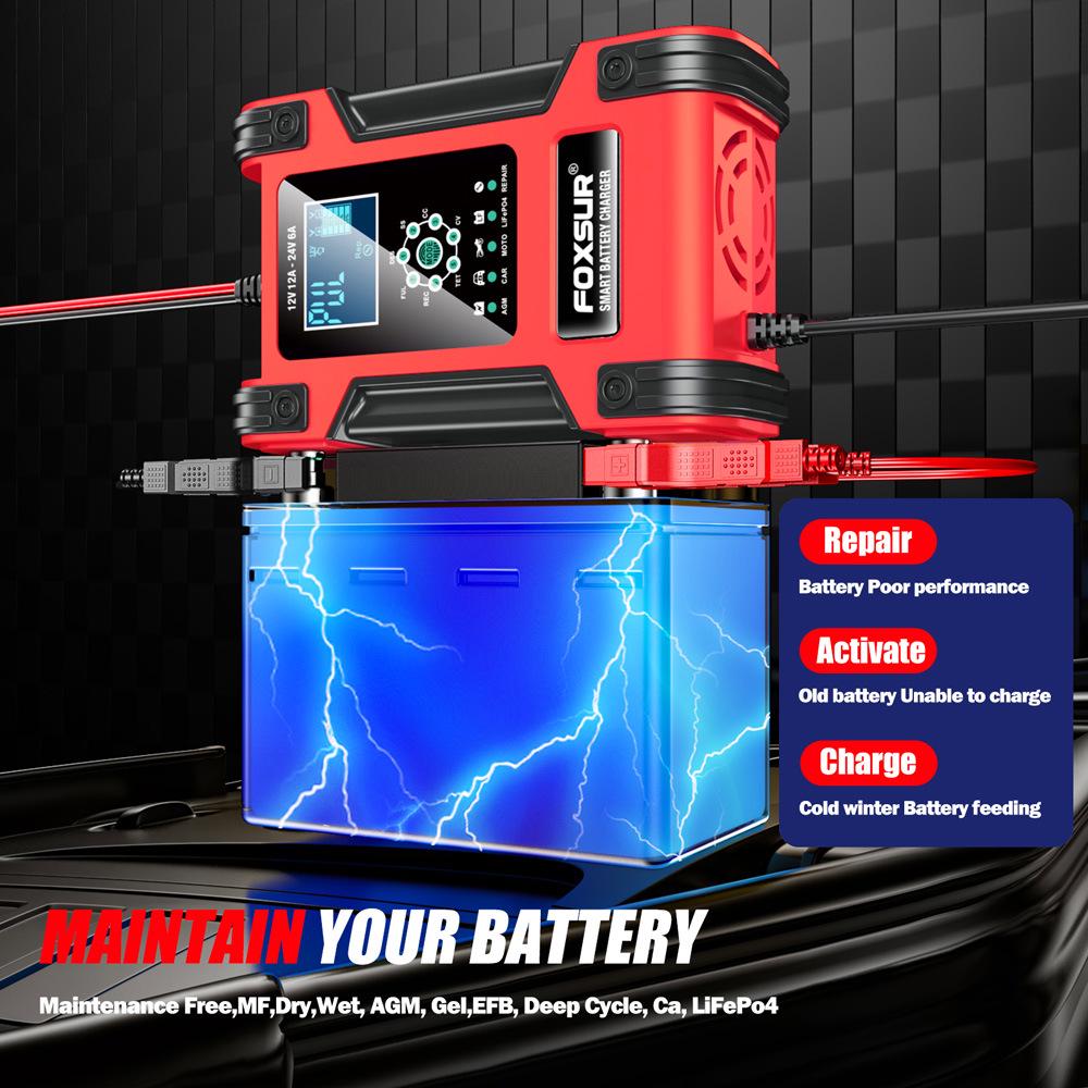 12A 7-Stage AGM & Lithium-Iron Battery Charger for 12V/24V Motorcycles & Cars