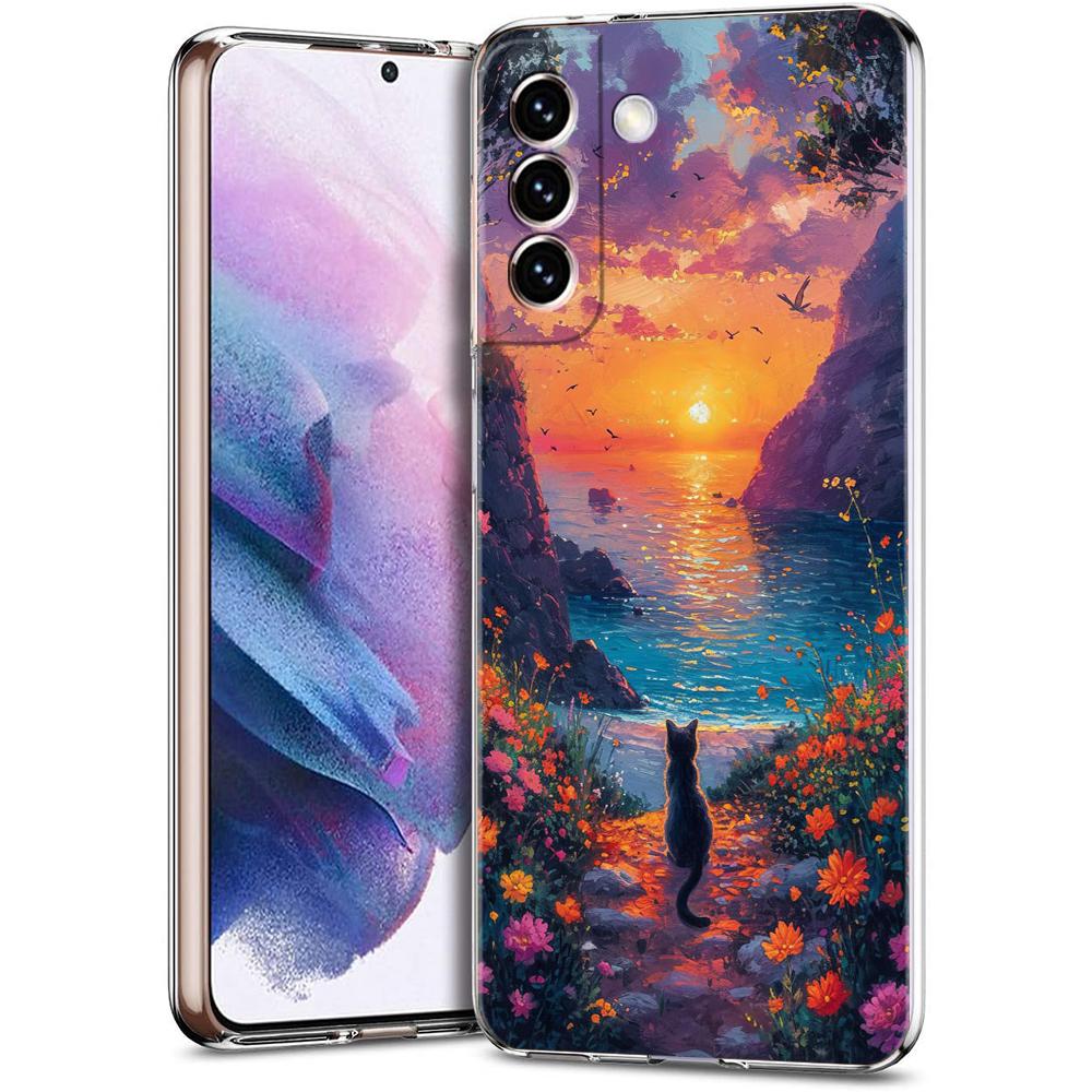 Transparent Phone Case Cover for Samsung Galaxy S25 S24 S23 S22 S20 S21 FE Ultra S24 S23 S10 S10E Plus Funny Sunset Cat Pattern