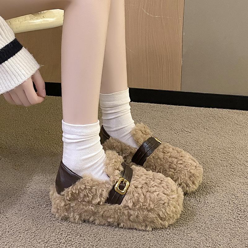 Schwarze flauschige Schuhe für Damen zum Tragen im Herbst und Winter, weiche Sohlen, Slipper, warme Samt-Mützen-Schuhe, Baumwollschuhe mit dicken Sohlen