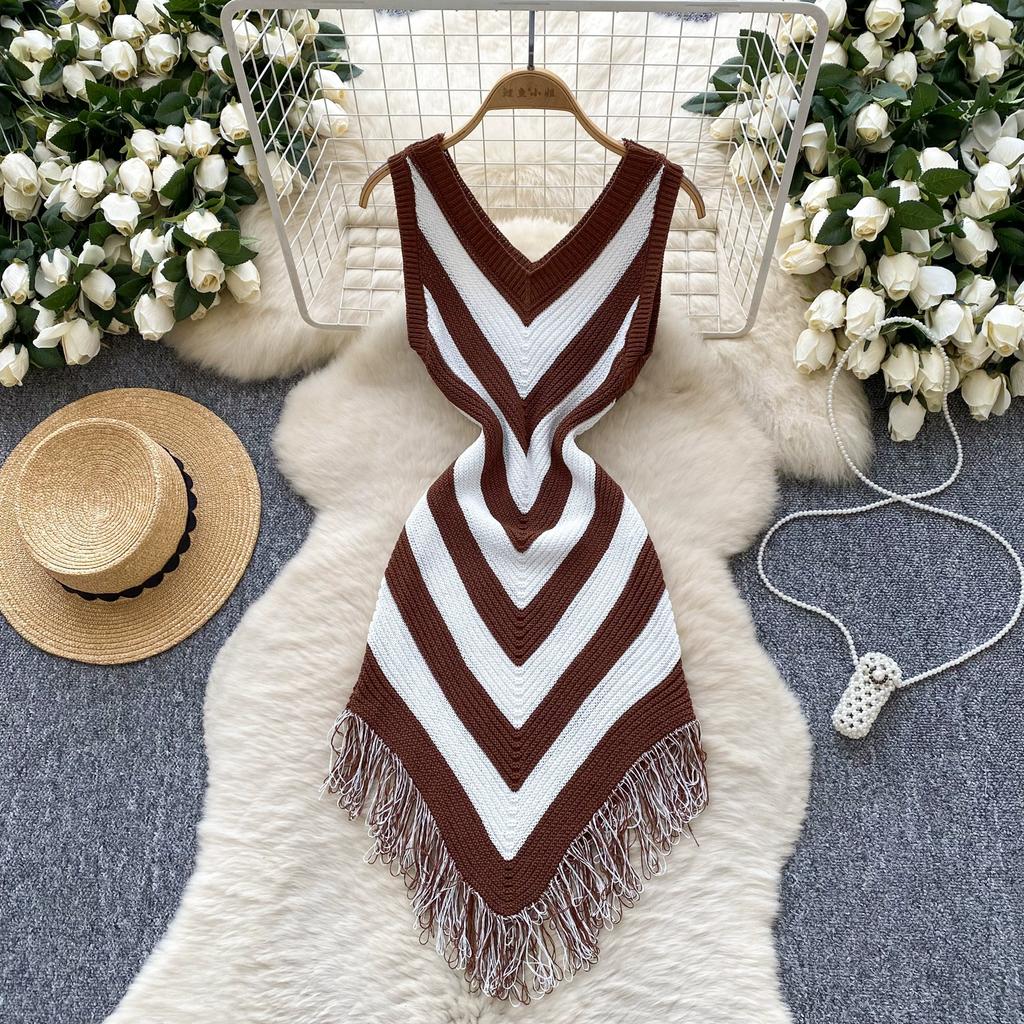 Summer Women Casual V-neck Sleeveless Knitted Tassel Striped Sweater Slim Bodycon Mini Short Sheath Dresses