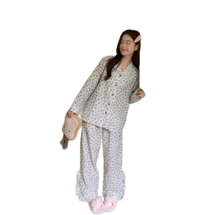 11 ins breathable home pajamas small lapel women's simple cotton double-layer yarn pajamas loungewear