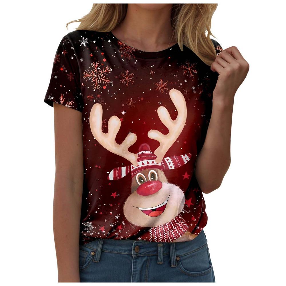 Women's Christmas Printed Casual Round Neck Short Sleeved T-shirt