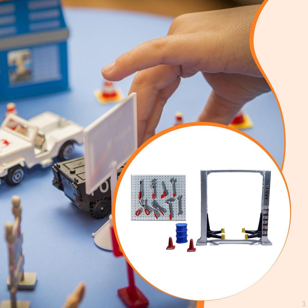 1/64 Diorama Car Garage Maintenance Tools Architecture Model Realistic Traffic Cones Lift Gantry