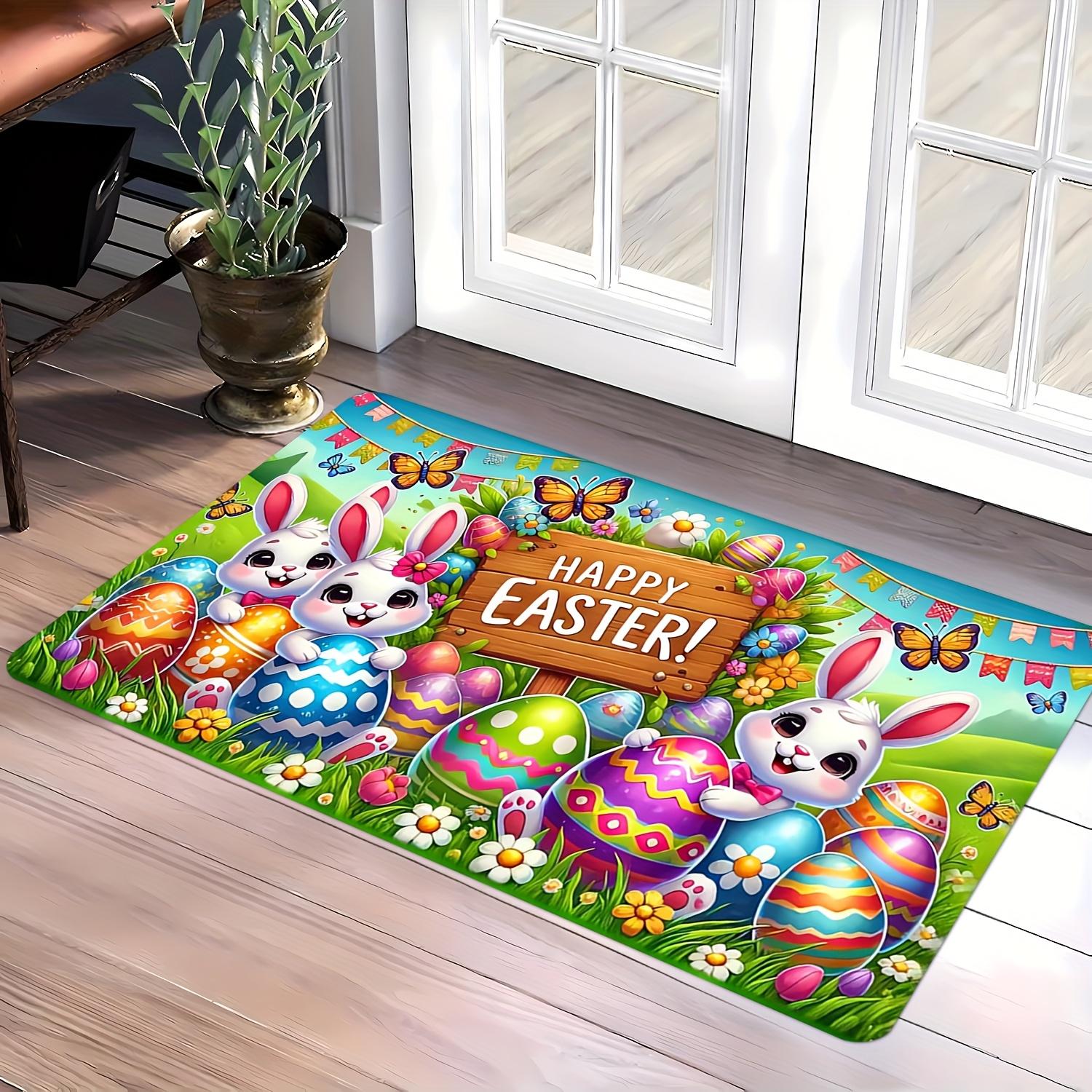 

Easter Bunny and Egg Welcome Mat, Colorful Butterfly Floral Design, Soft Machine Washable Polyester for Spring Decor 40x60cm