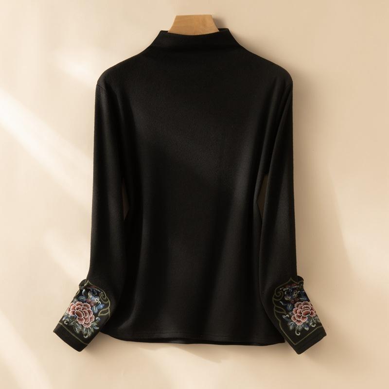 Autumn and Winter Women's Half-high Neck Knitted Bottoming Shirt Long-sleeved Country Style Embroidery Soft Sticky Tops