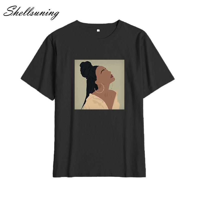 Shellsuning Summer Vintage Printed Cotton T Shirt Women Loose Short Sleeve Trend Tees Female Casual Streetwear All-match Basic Tops